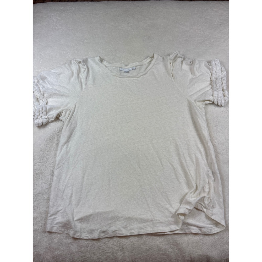 Chicos Cream Slub Knit Puff Sleeve Top Smocked Trim Off White Womens Size 3 XL